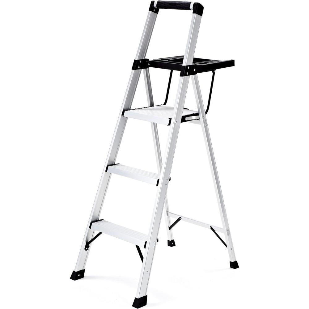 imageRubbermaid 3Step Ladder Aluminum Lightweight Folding Step Stool with Project Tray Silver Tested to US Safety Standards No Assembly Required3Step w Oversized Project Tray