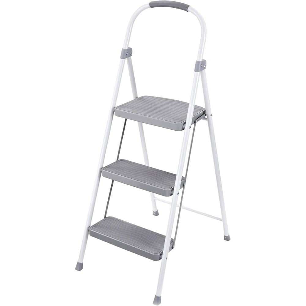 imageRubbermaid 3Step Steel Ladder with Project Tray Folding Step Stool with Hand Grip and NonSlip Feet White Tested to ANSI US Safety Standards No Assembly Required Amazon Exclusive3Step