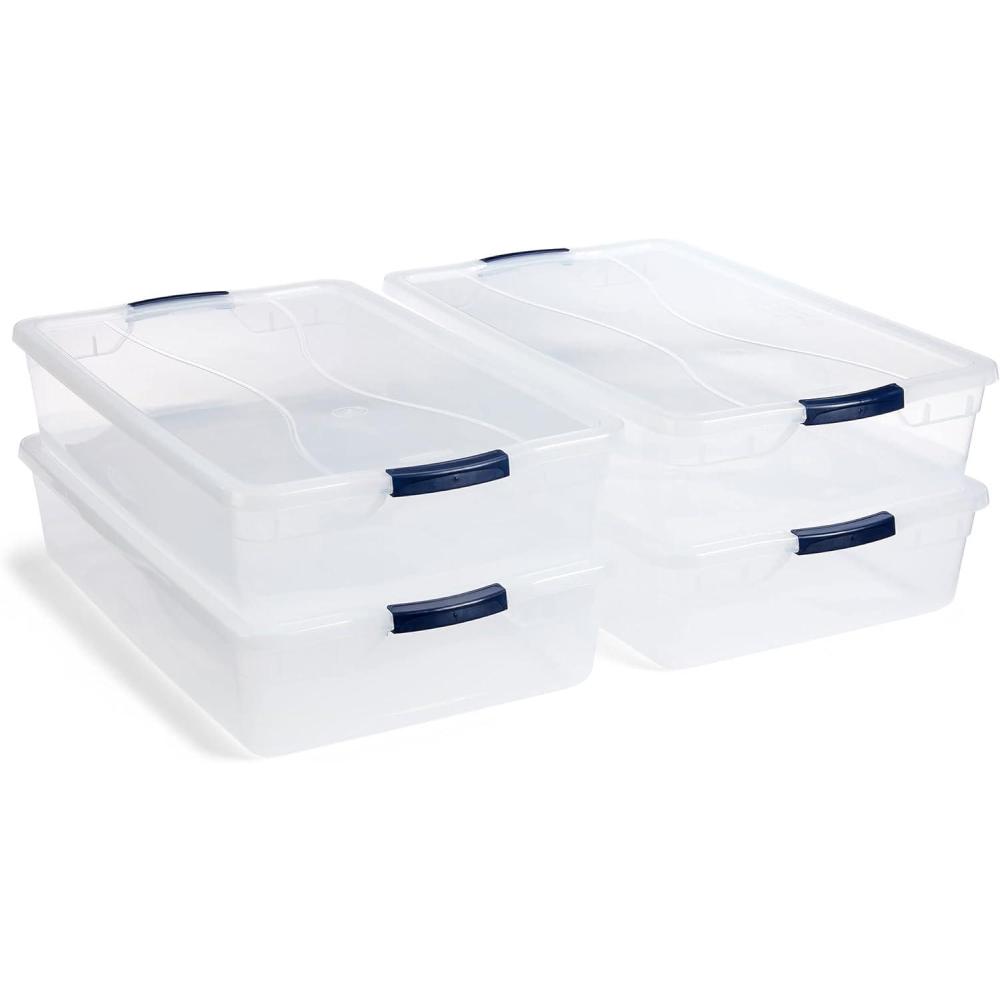 imageRubbermaid Cleverstore 42 Quart Stackable Plastic Storage Bin with Lids for Garage Closet and Classroom Clear 4 Pack42 Qt  4 Pack
