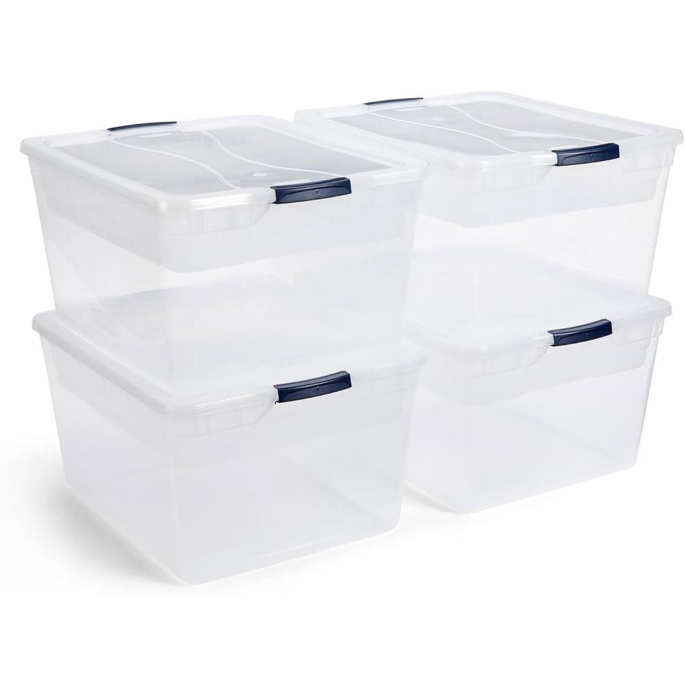 imageRubbermaid Cleverstore 42 Quart Stackable Plastic Storage Bin with Lids for Garage Closet and Classroom Clear 4 Pack74 Qt  4 Pack w Trays