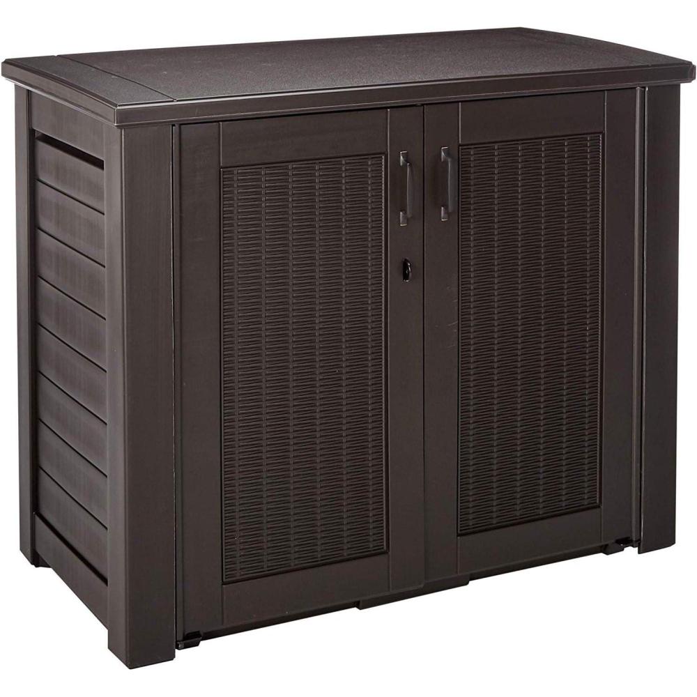 imageRubbermaid Decorative Outdoor Storage Cabinet 123 Gal Weather Resistant Brown Organization for HomeBackyardPool ChemicalsToysGarden ToolsPorchPatio CushionsBlack Oak