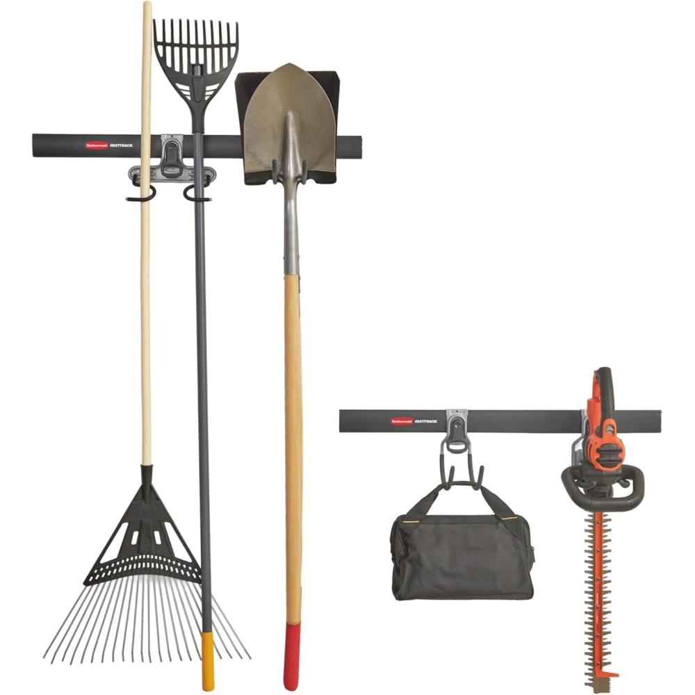 imageRubbermaid FastTrack Garage Storage Utility Hooks 5 Piece Black All in One Rail Hook Kit and Tool Organizer Heavy Duty for HomeGarageShedGarden2 Rails  4 Hooks