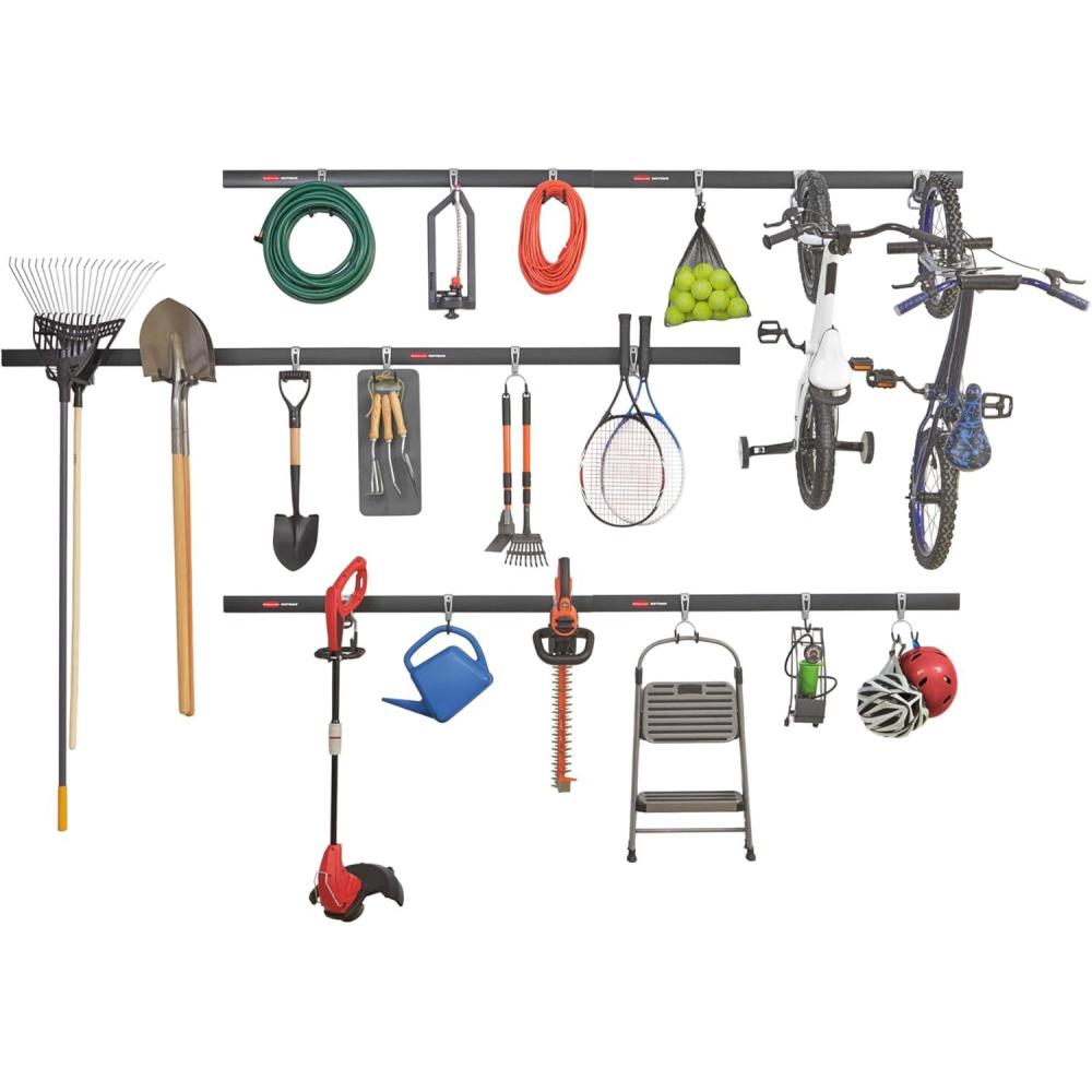 imageRubbermaid FastTrack Garage Storage Utility Hooks 5 Piece Black All in One Rail Hook Kit and Tool Organizer Heavy Duty for HomeGarageShedGarden6 Rails  18 Hooks