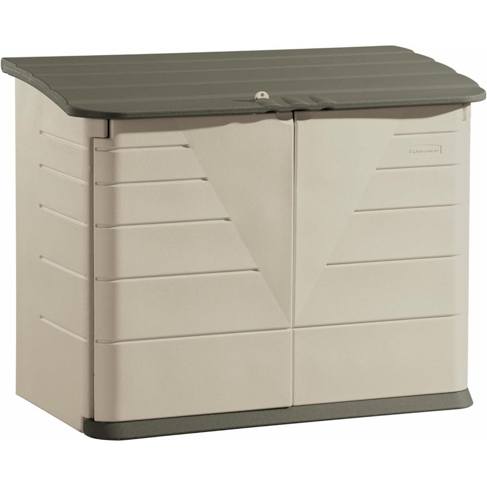 imageRubbermaid Small Horizontal Resin Outdoor Storage Shed With Floor 45 x 3 Ft Weather Resistant BeigeBrown Organization for HomeBackyardPool ChemicalsToysGarden ToolsPorchPatio CushionsLarge Horizontal Shed