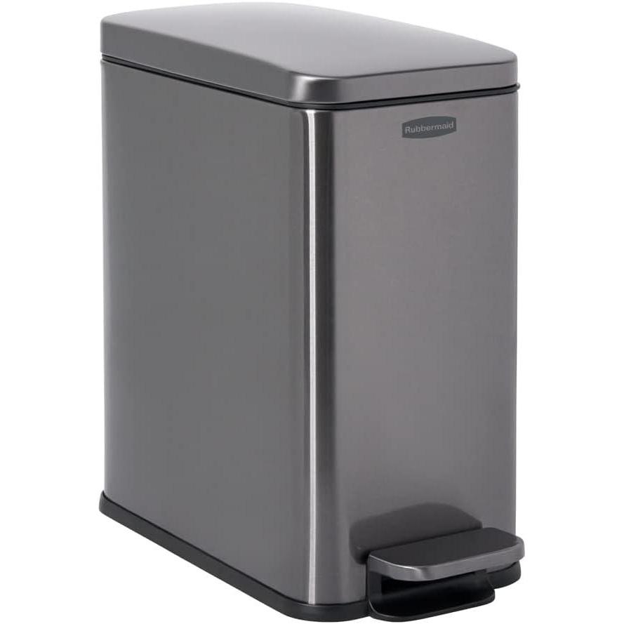 imageRubbermaid Stainless Steel Slim StepOn Trash Can 26Gallon Charcoal Wastebasket with Lid for HomeBathroomKitchenSlim StepOn