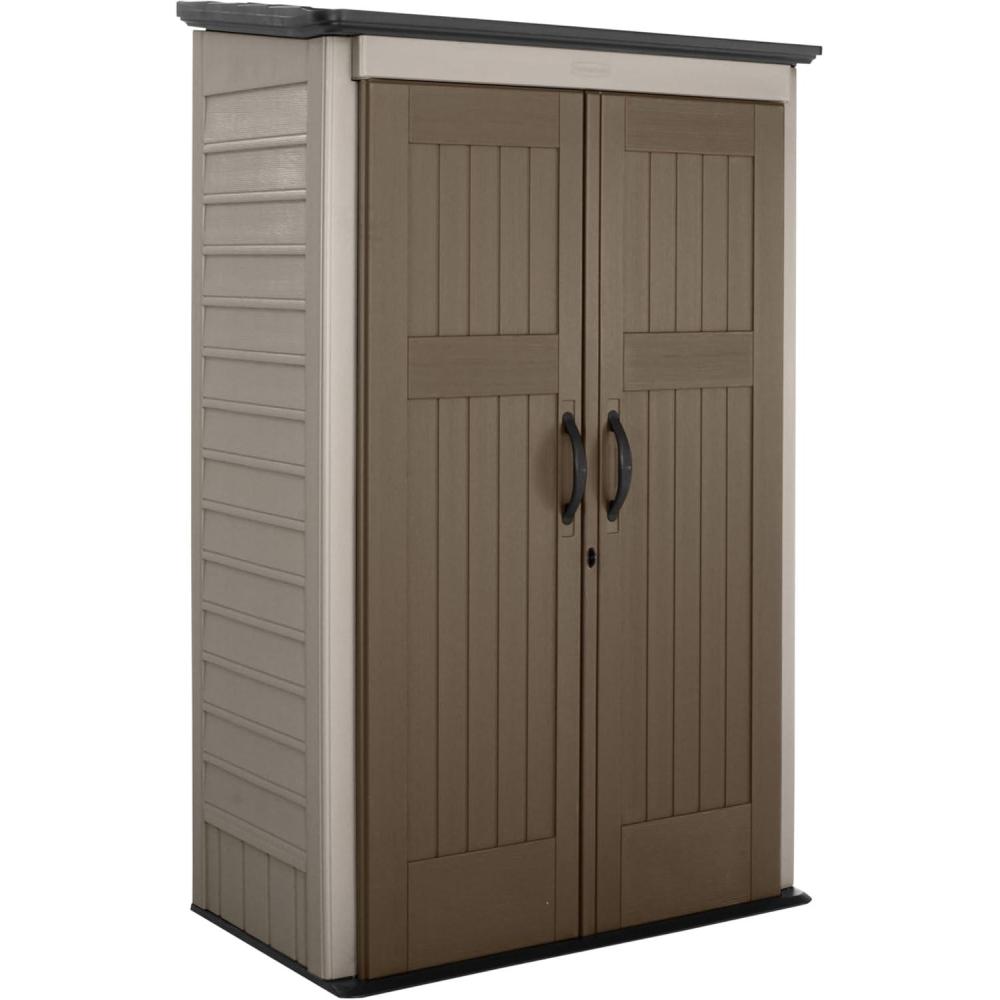 imageRubbermaid Vertical Resin Outdoor Storage Shed With Floor 4 x 25 Ft Weather Resistant BeigeBrown Organization for HomeBackyardPool ChemicalsToysGarden ToolsPorchPatio CushionsBrown